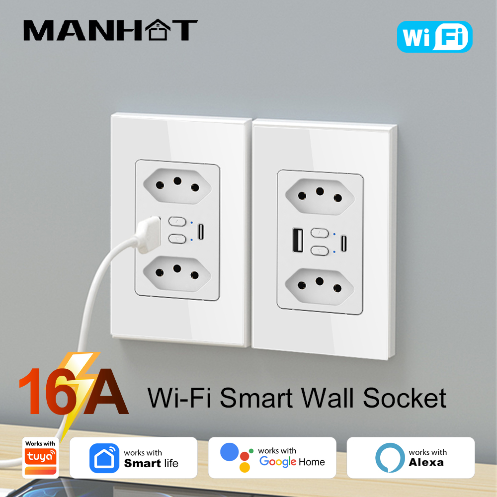 Smart Home Ikea - MANHOT ปลั๊กไฟอัจฉริยะ Wifi สำหรับบราซิล พร้อมช่องเสียบ USB